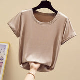 Popular Light Thin High Elastic Fashion Casual Round Collar Short Sleeve T-Shirt Brand High Quality Pure Cotton Women'S