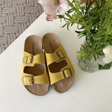 Summer Women's Two Buckle Cork Slippers Cow Suede Leather Flats Sandals For Women Retro Fashion Garden Mule Clog