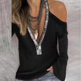 Fashion Off Shoulder V-neck Pullover Tops Summer Women Sexy V Neck Sequins Shirt Ladies Casual Long Sleeve Loose Blouse