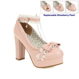 Lolita Shoes Spike High Heels Platform Women Pumps Bow Shoes Cosplay Dress Wedding Party Mary Jane Replaceable Strawberry