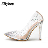 Fashion Rhinestones PVC Transparent Pumps Stilettos High Heels Point Toes Womens Party Golden Wedding High heels