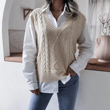 2021 New Fashion Women V Neck Print Knitted Vest Sweater Casual Sleeveless Loose Pullover Elegant Warm Lady Sweater