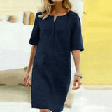2020 Winter Autumn Button Cotton Linen Dress women Elegant O-Neck Knee length Long Sleeve Pocket Solid Dress Plus Size