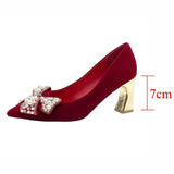 Elegant Ladies Red Silk Wedding Bride Shoes Pearl Bowknot Pointed Toe Pumps Women Sexy Party Dress High Heels Shoes