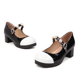 Lolita Shoes Spring Women Patent Leather Round Toe Heeled Fashion Black White Patchwork Retro Pearl Buckle Strap Platform