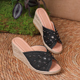 Breakj Hemp Rope Woven Edge Rivet Decorative Wedge Slippers Women Denim Large Size Wedge Slippers
