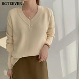 Elegant V-neck Knitted Women Sweaters Full Sleeve Loose Female Pullovers Jumpers Autumn Winter Thick Ladies