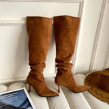 On High Heel Simple Pleated Shoes Faux Suede Botas French Style Winter Warm Boots Spring Autumn Woman Boots Big