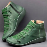 2022 New Women's Casual Flat Leather Retro Lace-up Boots Side Zipper Round Toe Shoe Leather Ankle Boots Zapatos Mujer Wram