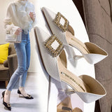 Single Shoes Women's 2024 Summer New Water Drill Square Buckle Korean Fashion Women's Shoes Shallow Mouth, High Heels, High