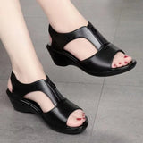 Breakj Women 2025 New Fish Mouth Leather Slope And Soft Soles Of The Elderly Sandals Fashion Zipper Middle-Aged Mother