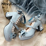 Shoes Women High Heels Pearl Lace Edge Straps Bow Cute Girls Princess Tea Party Shoes Students Lovely Shoes Size