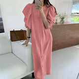 Women's Summer Dress VONDA 2022 Vintage Round Neck Plain Party Dress Loose Summer Shirts Dresses Femme Robe Casual
