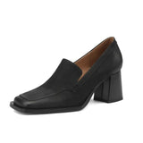 Women Retro Pums Spring Autum Thick Square Heeled Shoe Slip-On Cowhide Female Pumps Square Toe French Style Ladies Shoes 6.5