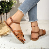 Breakj Round Head Flat Woven One-Word Buckle Sandals Women's Large Size Simple Beach Roman