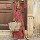 Autumn Fashion Women V Neck Print Long Dress Casual Irregular Long Sleeves Dress Elegant Bohemian Streetwear Party