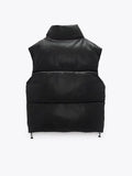 Women Fashion Side Drawstring Leather Vest Coat Female Zipper Stand Sleeveless Jacket Ladies Chic