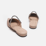 Leather Rhinestone Belt Sandals Woman Pointed Toe Slippers Flat Low Heels Mules Ladies Casual Slides Home&Outside