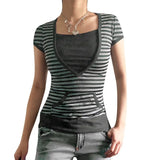 y2k Short Sleeve Top Women Stripe Patchwork Harajuku Tee Vintage Woman Clothes Fairy Grunge Tshirt with Pocket