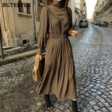Elegant Long Sleeve A-line Dress Women Mid-Long Loose Dress Female Vintage Turtleneck Spring Dress Vestidos Femme