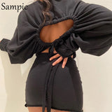 Sexy Women Casual White Black Hollow Out Long Sleeve Mini Bodycon Dress O Neck Short Wrap Party Club Dress