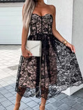 Sexy Lace Sheer Off Shoulder Slim Fit Dress Women Fashion Solid Flower Print High Waist Dress Elegant Wrap Bust Party Chic