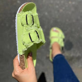 Summer New Products European and American Casual Sandals Solid Color Canvas Buckle Belt Denim Flat Slippers