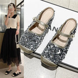 Semi-Slippers Women's 2024 Summer New French Sequins Temperament Square Head Soft-Soled Single Shoes Wear Sandals And