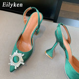 Silk Women Pumps Crystal Strange Style High heels Summer Bride Shoes Comfortable Heeled Party Wedding