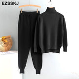 2 Pieces Set Women Knitted Tracksuit Turtleneck Sweater + Carrot Jogging Pants Pullover Sweater Set CHIC Knitted