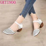 Genuine Leather Women Sandals Summer Shoes 5CM High Heels Retro Women Shoes 2021 Hollow Out