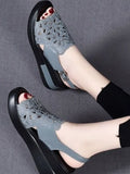 Summer Wedge Shoes for Women Sandals Open Toe Platform Hollow Flowers Retro Lady High Heel Buckle Strap Casual Female