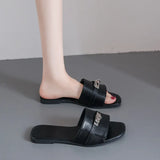 New Summer Fairy Style Slippers Women's Lock Buckle With Square Head Flat-Soled Beach Sandals Slippers Women's Outer
