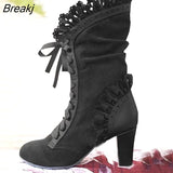 Women's Mid Calf Boots Ladies Lace Up High Heels Female Sexy Shoes Woman Ruffle Flock Retro Boots Women Elegant