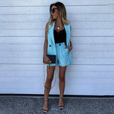 Sleeveless Solid Button Up Elastic Waist Blazer Tops And Pocket Shorts Set Elegant Office Ladies Suits Women Workwear