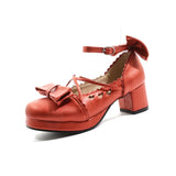 Women Mary Janes Pumps Cute Bowtie Princess Lolita Shoes High Heel Bowknot Dress Shoes For Girls School Gold Party Wedding