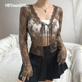 White Lace Sexy Mesh Cropped T Shirt Ladies Autumn Grunge Gothic T-shirt Women See Through Long Sleeve Tee