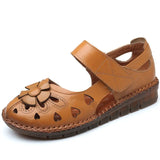 Genuine Leather Sandals Women Summer Shoes Flowers Flat Heel Comfortable Hollow Cover Toe Shoes Woman Sandals Big