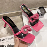 Summer Big Chain Transparent Slippers Women Stilettos Sandals Square Toe High Heels Mules Shoes Women Slides White