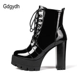 2021 Thick High Heeled Female Patent Leather Ankle Boots Round Toe Lace-up Zipper Women Short Boots Gothic Women