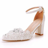 Breakj 7 Cm Thick Heel Sharp-Headed Hollow Sandals Spring Square Heeled Women's Shoes White Lace Bride High