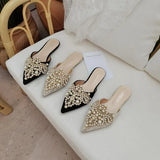 For Women 2023 Pointed Toe String Bead Shoes Lace Ladies' Slippers Pantofle Flat Cover New Slides Fabric Rome Basic