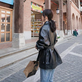 New Autumn Women Loose Black Pu Faux Soft Leather Jacket Streetwear Female Biker Pockets Turn Down Collar Coat