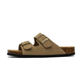 Camel Cork Sandals Men's Flock Faux Suede Mule Clogs Slippers Brown Classic Two Buckle Cork Slides Slippers For Men