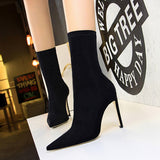 Breakj Simple Women's Boots Thin Heel Ultra High Heel Sexy Nightclub Pedicure Show Thin Pointed Lycra Elastic Ankle