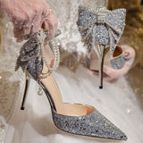 Bow High Heels Summer New Thin-Heeled Single Shoes Crystal Bridesmaids Wedding Shoes Hollow