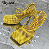 Sexy Green Mesh Pumps Sandals Female Square Toe high heel Lace Up Cross-tied Stiletto hollow Dress shoes size