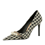 Breakj Thousand Bird Case High Heels Slender High Heels Shallow Pointed Pearl Chain Plaid Women's Single