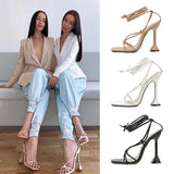 Woman Shoes Sandals Basic Pu Fashion Cross-tied Spike Heels Lace-Up Party Pumps Black White Apricot Open Ankle