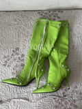 Fashion Luxury Pointed Toe Stiletto Women's Shoes Retro Metal Buckle Zipper Knee High Boots Slim Tassel Boots Women Size